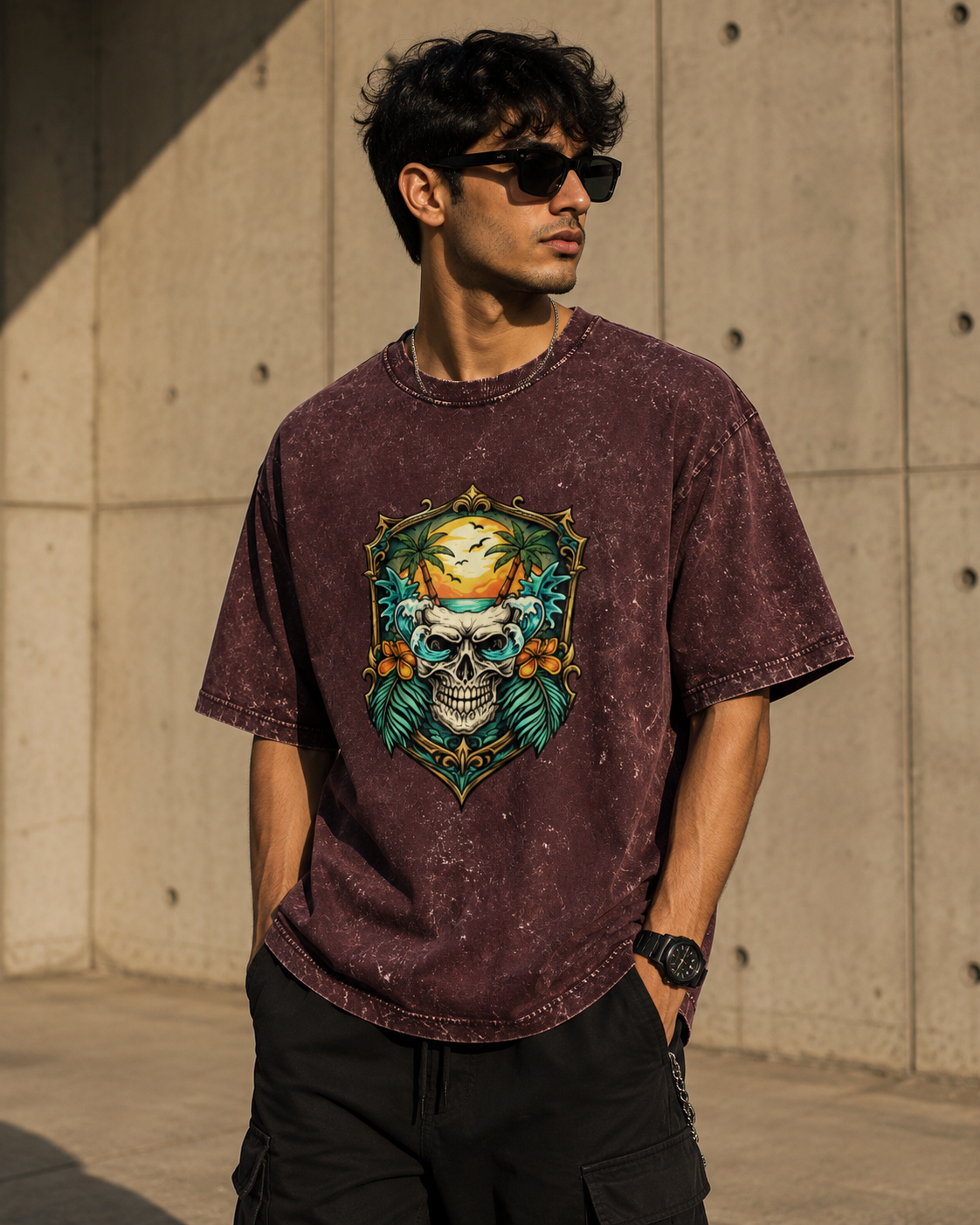 SKULL ACID WASH OVERSIZED T-SHIRT